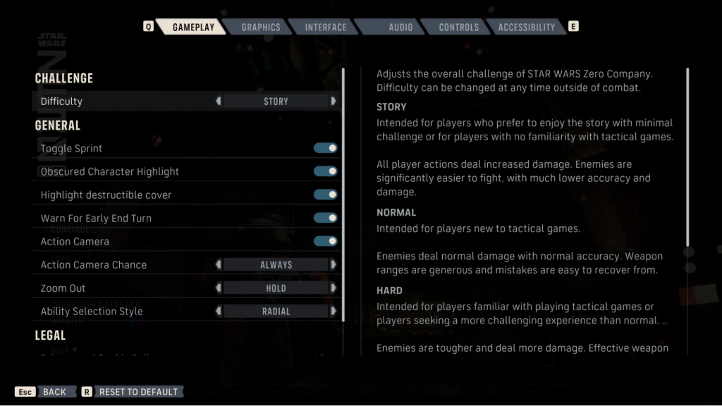 Official Zero Company Gameplay menu with the Difficulty selector and Story, Normal and Hard explanations.